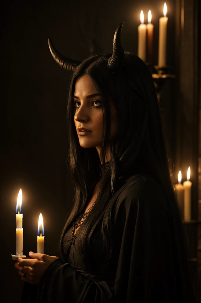 Description: Una mujer de long hair y oscuro, dressed in black, abre la boca para talk. De su lengua surgen espirales de black smoke que se transforman en grotescas figuras demoníacas. Los DEMONS, con horns y claws afiladas, avanzan hacia la mujer con expresiones de ira y bloodlust. La escena se desarrolla en una old room y lugubrious, iluminada solo por candles que parpadean y proyectan ghostly shadows.
Keywords: Women, long hair, , black dress, talk, black smoke, DEMONS, horns, claws, ira, bloodlust, old room, lugubrious, candles, ghostly shadows.