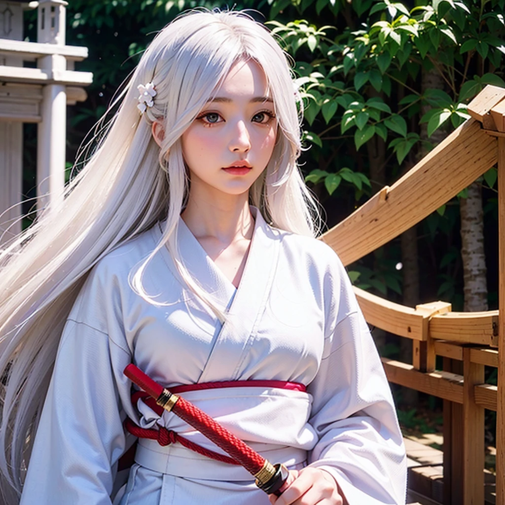 Girl with flowing long white hair, white eyes, in a white kimono, holding a katana