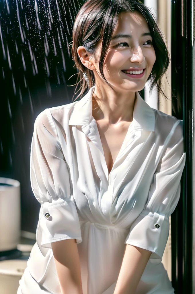 Ultra-realistic front-on portraits taken by a professional photographer。7 heads、((Highest quality)), ((masterpiece)), (detailed), (midnight ,A London stall in the dark, drizzling rain under a new moon, Low Key Lighting:1.6)、(looking at viewer, Staring Intently , leaning forward:1.2), (hands on groin:1.6) , A very beautiful, extremely elegant and intelligent 42 year old Japanese woman.。Very intelligent and goddess-like face。(An extremely elegant, calm and modest smile, Being drunk、My eyes are watering、In heat、embarrassed ,blush,Voluptuous body:1.5)、A short, well-groomed, shiny black haircut。The skin is white and very smooth。(A simple business short-sleeved open-neck shirt made of very thin, pure white fabric with a wide, deep neckline.:1.9)。 (London in the rain on a very hot summer day、I'm pretty sweaty、Her clothes were soaking wet, and through the extremely thin fabric her skin and navy blue, lacy, high-end underwear were clearly visible.:1.9)。(A long navy pencil skirt with a long slit in the front,The clothes fit the body very well:1.8), (The line of the chest, collarbone and décolletage are extremely beautiful.:1.9)。She is looking straight at the camera with a very shy look on her face.。Light makeup and no piercings,