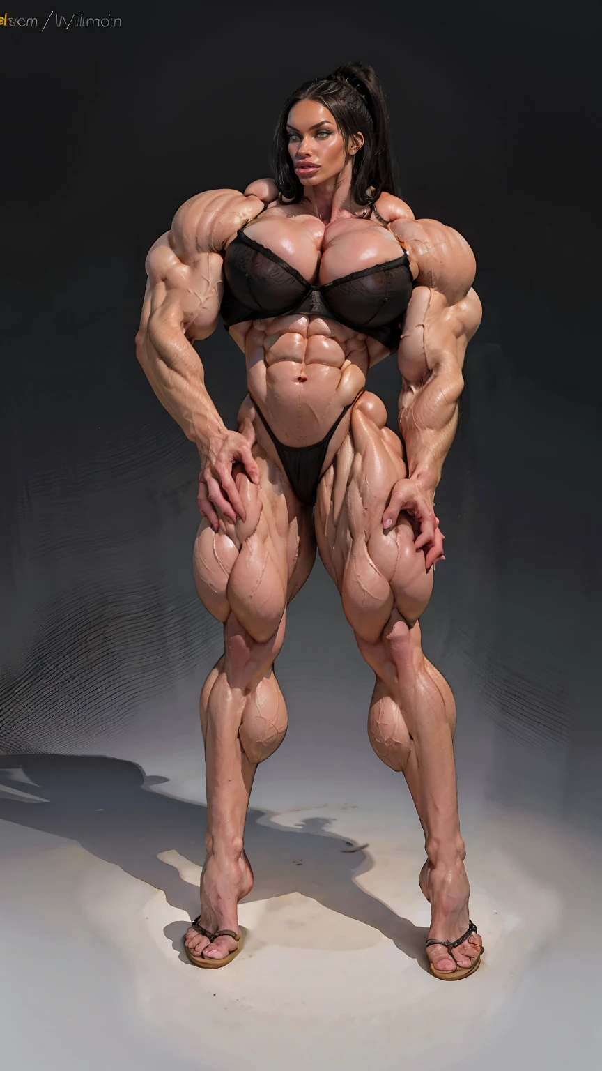 (megan fox), ((((female bodybuilder)))), (((((very muscular))))), (((huge upper body))), (((narrow hips))), long hair, ((black sexy lingerie)), ((((full body front view)))), (((perfect hands, perfect fingers))), ((grey background))