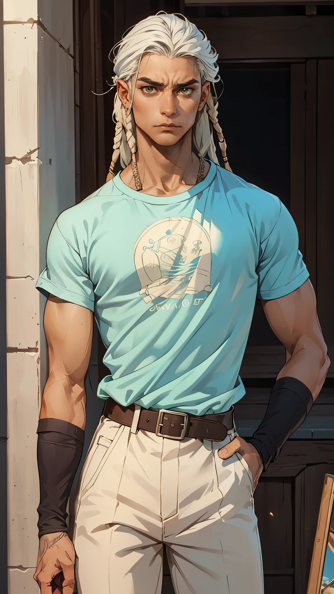 A young man with long white dreadlocks, dark skin, a melancholic expression, drooping eyelids and eyebrows, a lean face, a thin yet sturdy build, a tattered and ill-fitting light blue fantasy-style adventurer's shirt with short sleeves, revealing his abs, a silver breastplate on his left chest, a large sword is strapped to his back, a yellow belt, white coarse cloth trousers, stands nervously in a fantasy-style western town, this character embodies a finely crafted fantasy-style adventurer in anime style, exquisite and mature manga art style, dramatic, high definition, best quality, highres, ultra-detailed, ultra-fine painting, extremely delicate, professional, perfect body proportions, golden ratio, anatomically correct, symmetrical face, extremely detailed eyes and face, high quality eyes, creativity, RAW photo, UHD, 32k, Natural light, cinematic lighting, masterpiece-anatomy-perfect, masterpiece:1.5