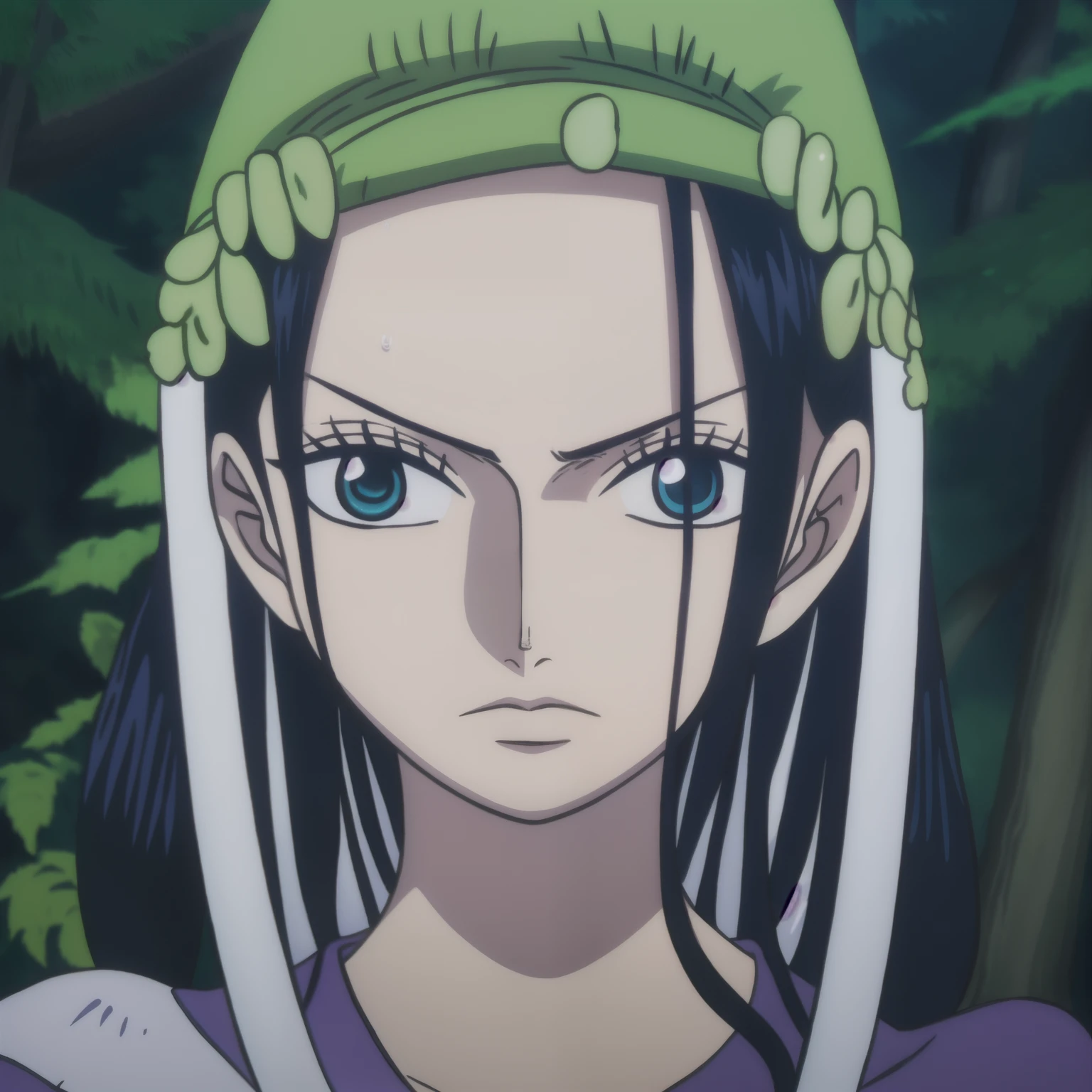 A woman with long black hair with a serious face, blue eyes and was getting ready to sleep in the forest