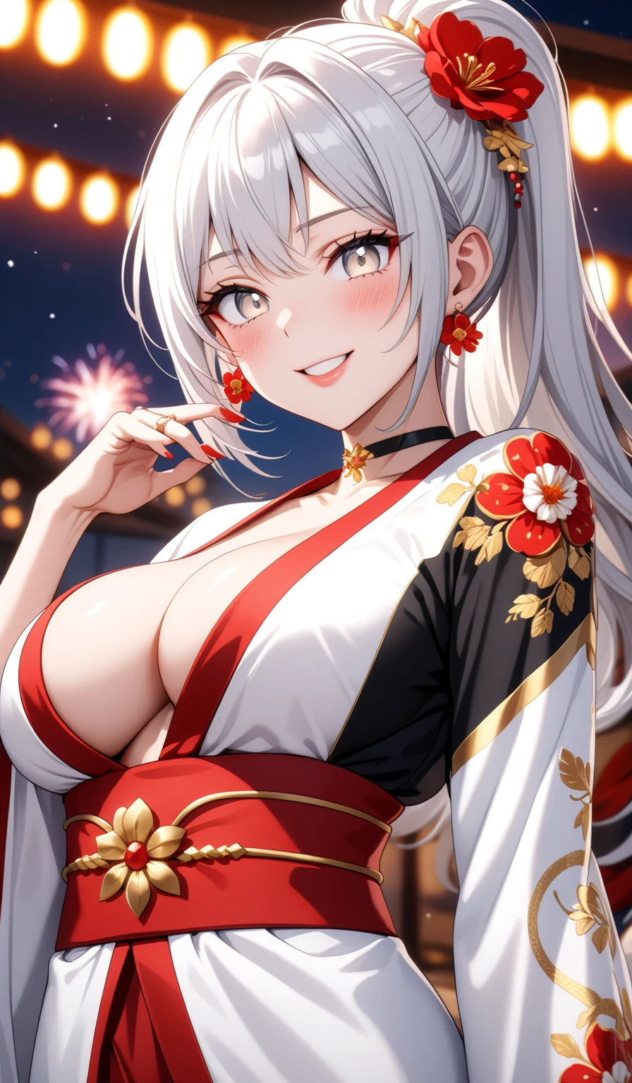 ((One personの女性)), Beautiful Face, (Fingers touching lips), Laughing embarrassedly,((Wink:1.9)),Laugh with your mouth wide open,((Bright red cheeks:1.4)),Shiny red lips,night,rooftop,Festive decorations,You can see the ocean, firework,Laughing with your mouth open,Glossy pink lips, lighting,((Anime style background)),masterpiece, Highest quality, so beautiful,up to date, Complex details, (Pink long nails),(ring),(bracelet),(choker),AI-generated, Complex,High resolution, Highest quality, super high quality,3D Images、3D Images,One person,Long white hair,High Ponytail,(White eyes),Anime woman posing for a photo, ((Fine grain、Silvery white colorful eyes、Shining Eyes:1.4)),(Squint your eyes:1.1),a hyperRealistic , hyperRealistic , Realistic,Anime woman with long white hair, Smooth anime CG art, A woman in a colorful kimono with gold embroidery, (Black long sleeve kimono),Red floral pattern,Long flower hair ornament,big floral earrings,Mature Body,(Big Breasts:1.1),expensive,Abdominal muscles,Tight waist,(Zoom up to face:1.7),Shooting from diagonally below