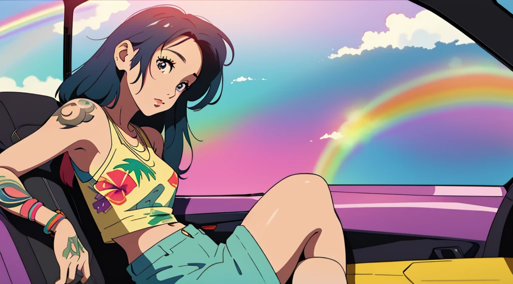 masterpiece, Highest quality, Rainbow Style, anime, Beautiful Asian Girl, tattoo, Sitting in a car, Along the Hawaiian Coast, Cute and dreamy,anime,Illustrator,LOFI Girl, ブルース,