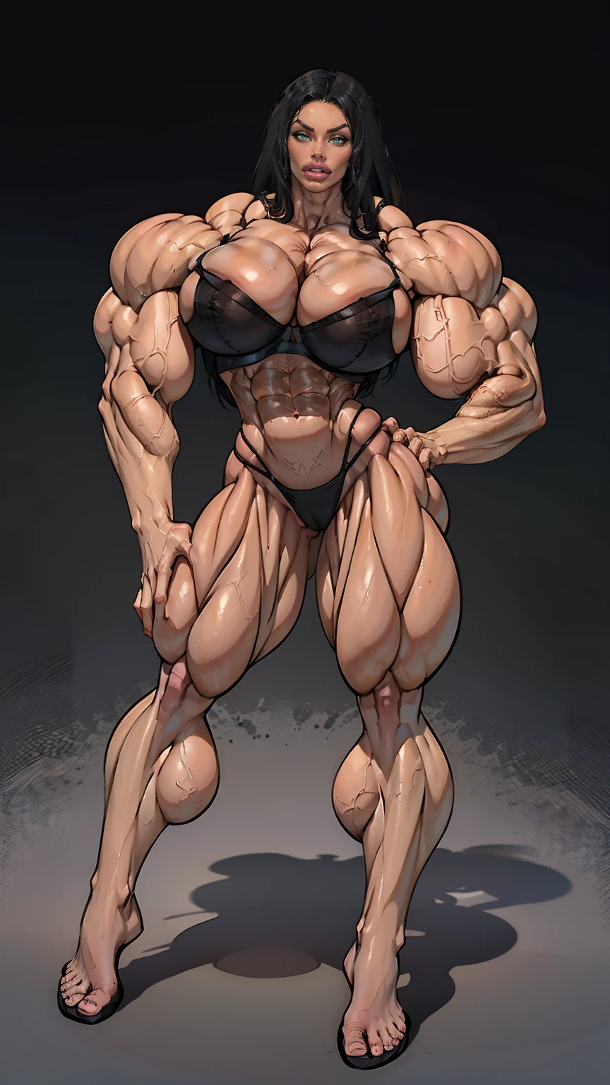 (megan fox), ((((female bodybuilder)))), (((((very muscular))))), (((huge upper body))), (((narrow hips))), long hair, ((black sexy lingerie)), ((((full body front view)))), (((perfect hands, perfect fingers))), ((grey background))