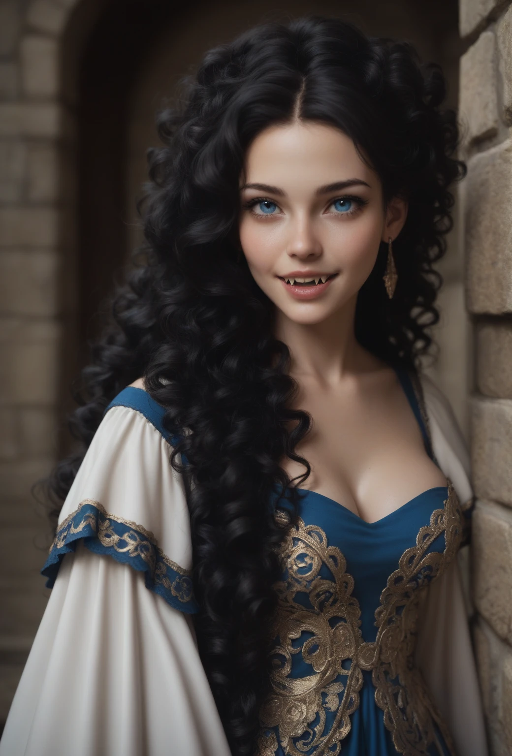 score_9, score_8_up, score_7_up, score_6_up, rating: safe, 1girl, solo, (black_hair:1.5), wavy_hair, jewelry, dress, blue_eyes, earrings, (long_hair:1.5), looking_at_viewer, curly_hair, full_body, lips, lace, white_dress, gold_dress, (night:1.3), cxqz8r, medieval_dress, medieval_landscape, fullmoon, rpg, (rape_face:1.3), narrow_waist, (skinny:1.3), (pale_skin:1.2), open_mouth, parted_lips, (oral_invitation:1.2), (fangs:1.4), (torogao:1.2), fingersmile, (large_breasts:1.2)