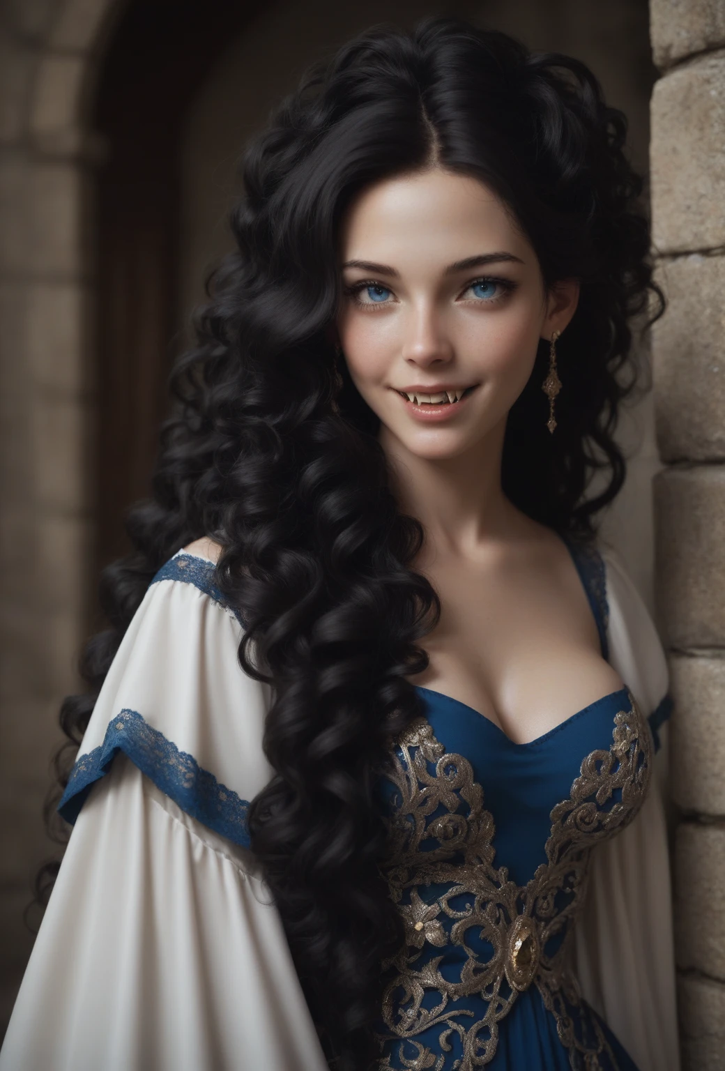 score_9, score_8_up, score_7_up, score_6_up, rating: safe, 1girl, solo, (black_hair:1.5), wavy_hair, jewelry, dress, blue_eyes, earrings, (long_hair:1.5), looking_at_viewer, curly_hair, full_body, lips, lace, white_dress, gold_dress, (night:1.3), cxqz8r, medieval_dress, medieval_landscape, fullmoon, rpg, (rape_face:1.3), narrow_waist, (skinny:1.3), (pale_skin:1.2), open_mouth, parted_lips, (oral_invitation:1.2), (fangs:1.4), (torogao:1.2), fingersmile, (large_breasts:1.2)
