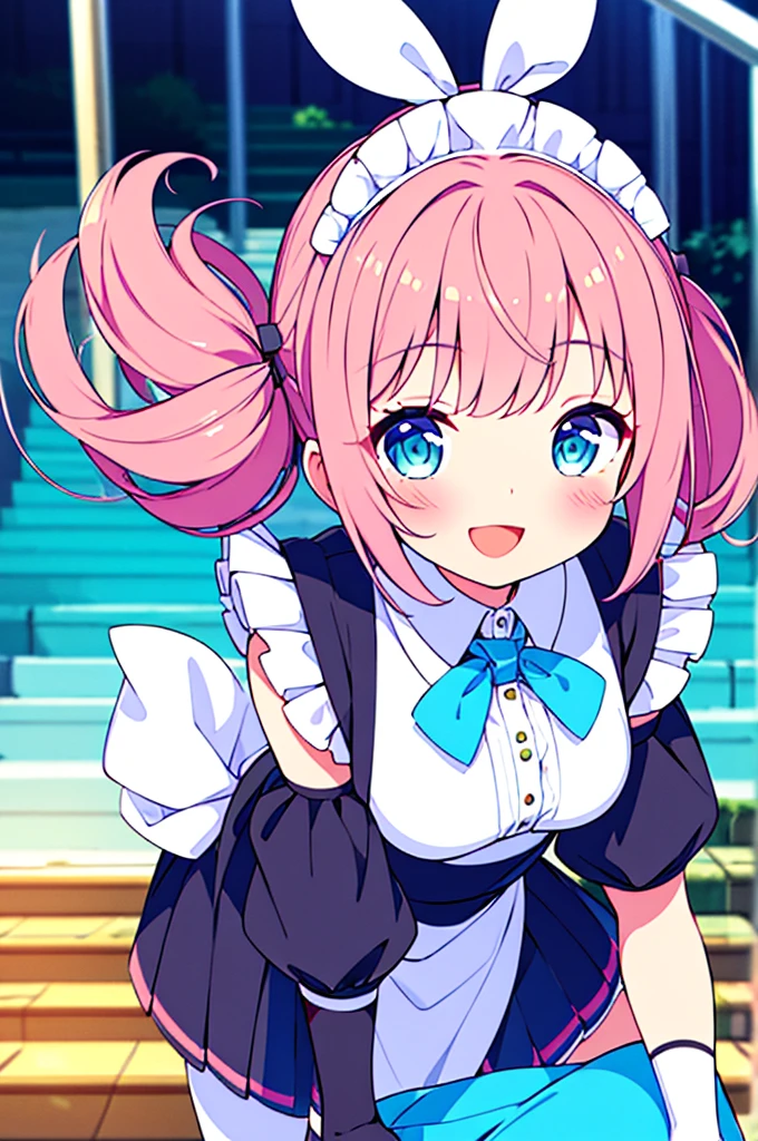 (super fine illustration:1.2),(Masterpiece, 8k), (Best Quality, high quality:1.4), perfect anatomy, hyper detailed, ultra detailed,Masterpiece background,beautiful fondo detallado, v8k wallpaper,perfect design,award-winning art,atmospheric,


BREAK,   1 beautiful girl, Alone,(beautiful:1.5),(Chibi:0.8), (kawaii:1.5),(:0.5), BREAK, (girl, beautiful, happy, face, medium breasts:1.2),(pink hair,short tousled twin tails,fictional,gold eyes:1.2),glowing skin,clear skin, chest neckline,beautiful , glowing skin,clear skin, beautiful skin,( a smile:1.5),(Best Quality face),(Premium bright eyes.),(the best smile,:d:1.45),

BREAK, (white and black theme:1.4), (fusion of (sleeveless white high neck and collared [crop top]) and (black puff sleeves):1.4), (white tops and black short sleeves:1.2), (wearing a White half apron over a black skirt:1.4), (waist girdle:1.3), (White half apron), ((white maid head-band with ruffles on head, white wing on head):1.3), (white thigh high stockings:1.4), ((white arm warmers, long white glove):1.3), (black high heels:1.2),
BREAK (light blue theme:1.2), (light blue lines on the skirt:1.3), (light blue ribbon bow at neck:1.3), standing, Field, lake, trees, dESCANSO al aire libre,wakame,wakame,wakame,(seeking out,front behind:1.5) 

(climbing stairs:1.5),


BREAK,(blurred background:1.3),(absurd, high resolution, Super detailed art),cell shading,Light color,  optical effect, beautiful pictures, bright glow, mystical atmosphere,(Close-up of girl:1.1), Mystical light particles effect.,manga influence, clean line drawings, 