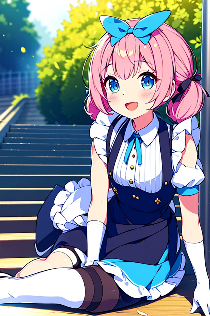(super fine illustration:1.2),(Masterpiece, 8k), (Best Quality, high quality:1.4), perfect anatomy, hyper detailed, ultra detailed,Masterpiece background,beautiful fondo detallado, v8k wallpaper,perfect design,award-winning art,atmospheric,


BREAK,   1 beautiful girl, Alone,(beautiful:1.5),(Chibi:0.8), (kawaii:1.5),(:0.5), BREAK, (girl, beautiful, happy, face, medium breasts:1.2),(pink hair,short tousled twin tails,fictional,gold eyes:1.2),glowing skin,clear skin, chest neckline,beautiful , glowing skin,clear skin, beautiful skin,( a smile:1.5),(Best Quality face),(Premium bright eyes.),(the best smile,:d:1.45),

BREAK, (white and black theme:1.4), (fusion of (sleeveless white high neck and collared [crop top]) and (black puff sleeves):1.4), (white tops and black short sleeves:1.2), (wearing a White half apron over a black skirt:1.4), (waist girdle:1.3), (White half apron), ((white maid head-band with ruffles on head, white wing on head):1.3), (white thigh high stockings:1.4), ((white arm warmers, long white glove):1.3), (black high heels:1.2),
BREAK (light blue theme:1.2), (light blue lines on the skirt:1.3), (light blue ribbon bow at neck:1.3), standing, Field, lake, trees, dESCANSO al aire libre,wakame,wakame,wakame,(seeking out,front behind:1.5) 

(climbing stairs:1.5),


BREAK,(blurred background:1.3),(absurd, high resolution, Super detailed art),cell shading,Light color,  optical effect, beautiful pictures, bright glow, mystical atmosphere,(Close-up of girl:1.1), Mystical light particles effect.,manga influence, clean line drawings, 