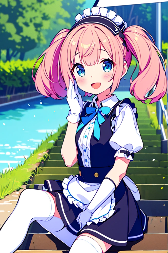 (super fine illustration:1.2),(Masterpiece, 8k), (Best Quality, high quality:1.4), perfect ???????, hyper detailed, ultra detailed,Masterpiece background,beautiful fondo detallado, v8k wallpaper,perfect design,award-winning art,atmospheric,


BREAK,   1 beautiful girl, Alone,(beautiful:1.5),(Chibi:0.8), (kawaii:1.5),(:0.5), BREAK, (girl, beautiful, happy, face, medium breasts:1.2),(pink hair,short tousled twin tails,fictional,gold eyes:1.2),glowing skin,clear skin, chest neckline,beautiful , glowing skin,clear skin, beautiful skin,( a smile:1.5),(Best Quality face),(Premium bright eyes.),(the best smile,:d:1.45),

BREAK, (white and black theme:1.4), (fusion of (sleeveless white high neck and collared [crop top]) and (black puff sleeves):1.4), (white tops and black short sleeves:1.2), (wearing a White half apron over a black skirt:1.4), (waist girdle:1.3), (White half apron), ((white maid head-band with ruffles on head, white wing on head):1.3), (white thigh high stockings:1.4), ((white arm warmers, long white glove):1.3), (black high heels:1.2),
BREAK (light blue theme:1.2), (light blue lines on the skirt:1.3), (light blue ribbon bow at neck:1.3), standing, Field, lake, trees, dESCANSO al aire libre,wakame,wakame,wakame,(seeking out,front behind:1.5) 

(climbing stairs:1.5),


BREAK,(blurred background:1.3),(absurd, high resolution, Super detailed art),cell shading,Light color,  optical effect, beautiful pictures, bright glow, mystical atmosphere,(Close-up of girl:1.1), Mystical light particles effect.,manga influence, clean line drawings, 