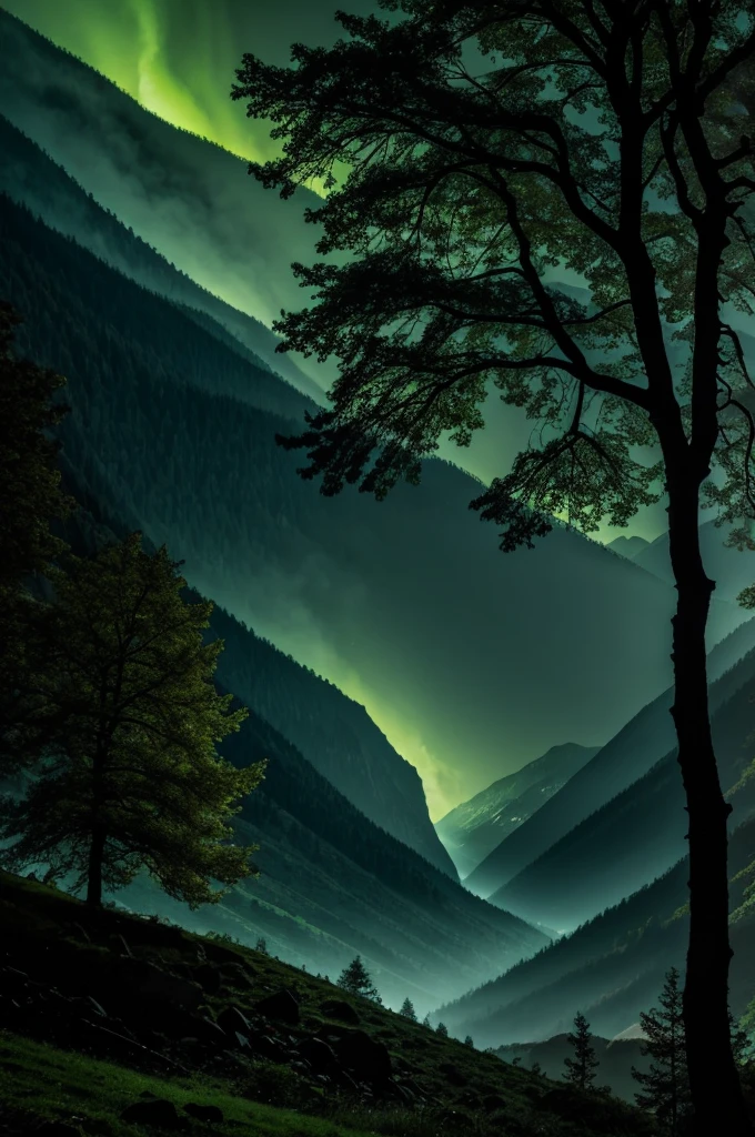 dark mountains at night, green big tree in a mountain gorge, darkness