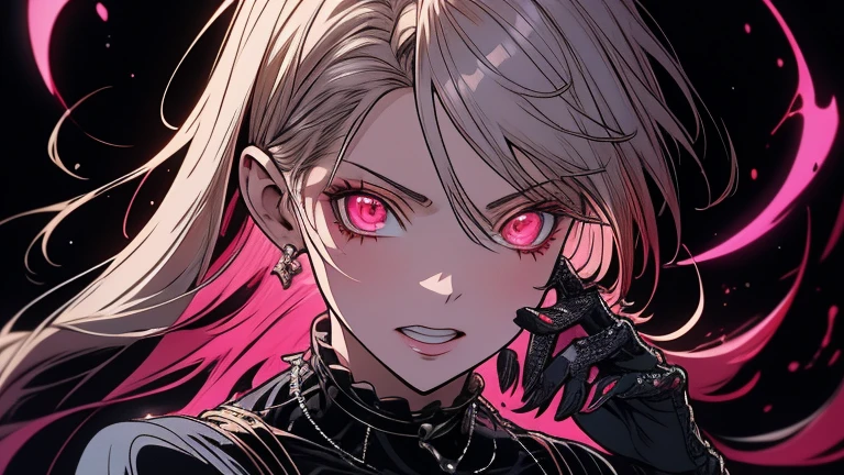 colorful flat illustration classical animes, In a dark, gothic setting reminiscent of 'Death Note' and 'Tokyo Ghoul', a close up of her glowing hand with red energy in a lively, dynamic boutique store scene with distinct black outlines ultra-detailed, 8k, photorealistic, portrait, dramatic lighting, cinematic, highly detailed face, elegant, intricate details, striking pose, vibrant colors, dramatic shadows, hyper-realistic, masterpiece,