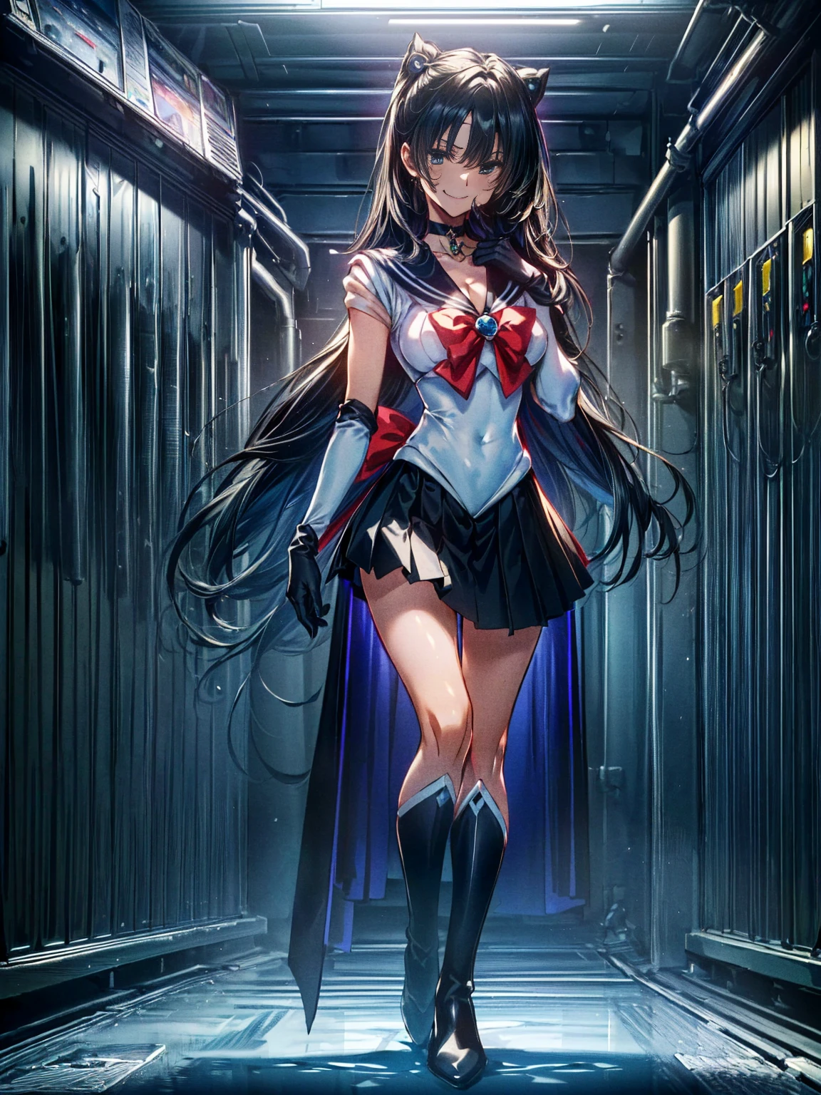 Perfect Anatomy,(8K, Highest quality, masterpiece:1.2),\(Beautiful Eyes\),\(Facial Features\),(\(Costume details Details\)\),(Big Lesbians , Super Skirt,Sailor Moon Costume,(Face Focus) ,Very detailed CG Unity 12K wallpaper,Large file size,Very detailed,High resolution,absurdes,Beautiful Eyes,Ray Tracing,Dramatic Shadows,Down to the last detail,elevation,Hyper Detail,(alone),Anime Style、Very long straight hair、Black Hair、Black sailor collar、Black Absolute Short Mini Scarbow Gloves、(In the research evil facility:1.3),(full body:1.5),(evil smile:1.5),