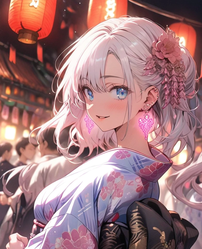 gal，Glittery earrings，pink,Pink glowing tattoo,Long white hair,blue eyes,yukata