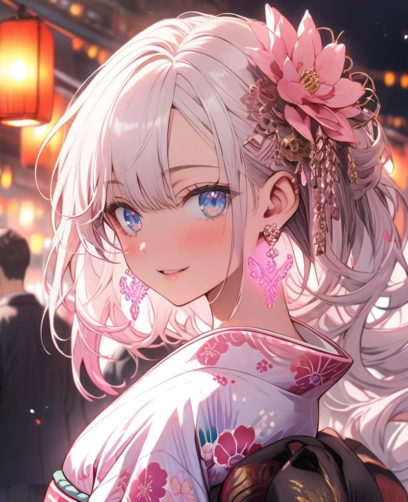 gal,Glittery earrings,pink,Pink glowing tattoo,Long white hair,blue eyes,yukata