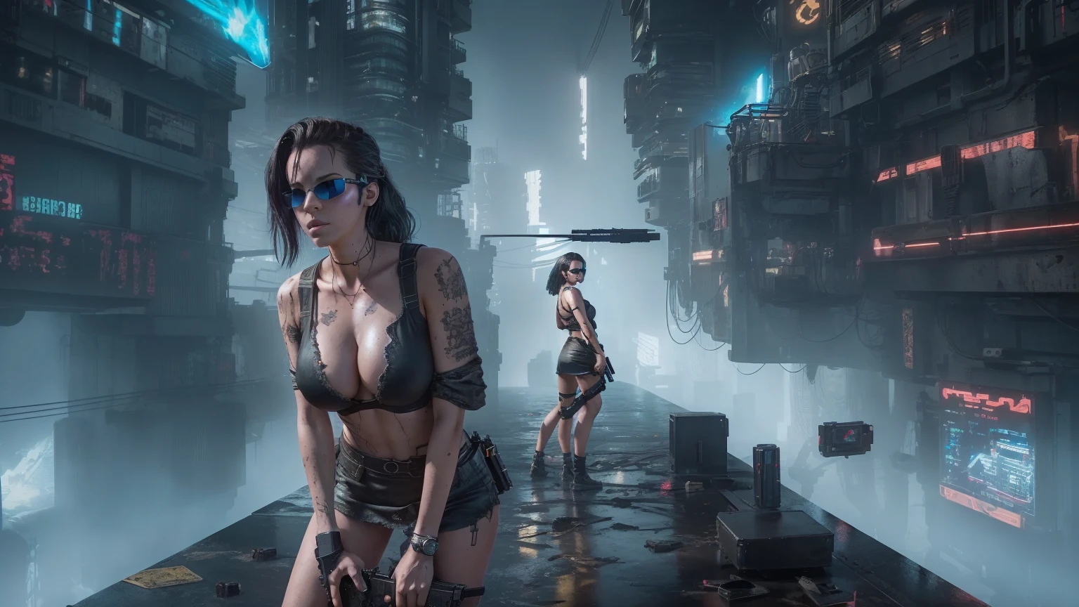 Close-up, a beautiful French woman, tattered clothes, wild long hair, tattered clothes , cleaveage, action movie scene, Dystopian Dinner Cinematic Blade Runner, natta, busy with neon signs, blade runner aesthetics, film cinematography, gangue trash, attractive person, High emphasis on detail, wearing weather technology equipment, gangue trash, full of life, gangue trash, action movie shot by Kon Satoshi, style semi impasto, dark ink, Atmospheric, Ablaze, lighting dramatic, Beautiful eyes, symmetric eyes, perfects eyes. Matrix style, (((Matrix cascading code))), (((a futuristic twin tower skyscraper with a unique twisted design))), (((OLED GUI interfaces in the building))), at night, (((((1girl, solo))))), photo realistic, (((((((large-:1.1 slim body, cleava))))), (((((off broken mini sling-shirt and black sling bra, extreamly short pleated miniskirt exposing panty))))), ((nning pose))))), (((((((matrix style black micro sunglasses))))))), ((((((((((aiming with a short gun)))))))))), (((((looking at camera))))), (((very low view))), (((((half-body thigh level medium shot))))), (((cinematic lighting))).
