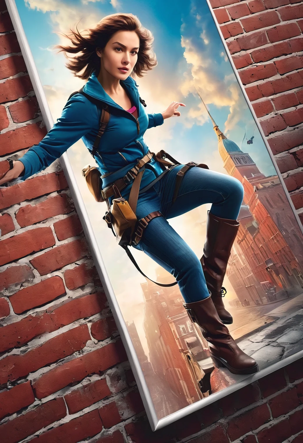The photo was taken with a smartphone, a female heroine of the film climbs out of a large poster on a brick wall