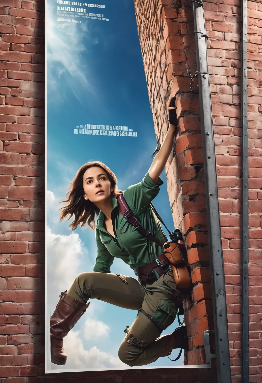 The photo was taken with a smartphone, a female heroine of the film climbs out of a large poster on a brick wall
