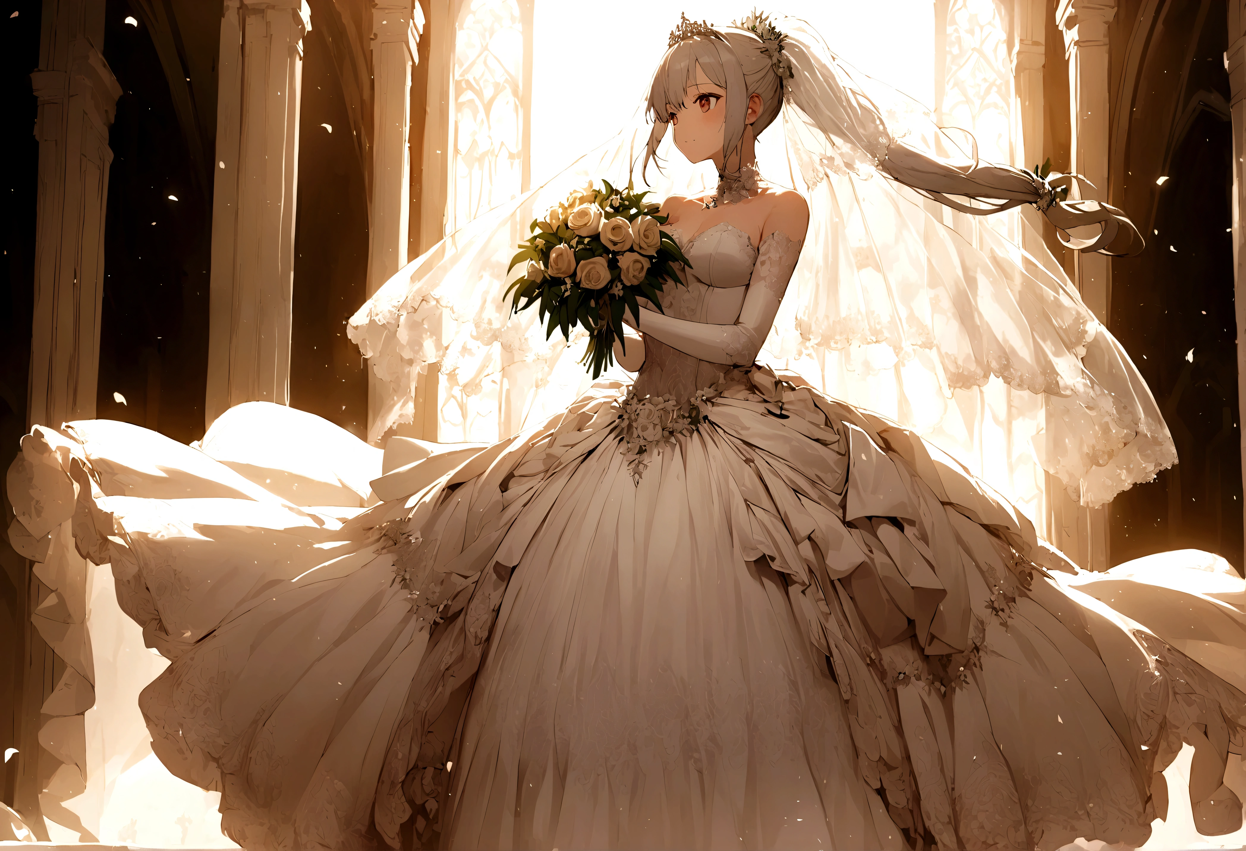 masterpiece, best quality, 1girl, elf bride, white flowing bridal dress, (rose petals:1.3), church, sunbeam, volumetric lighting, portrait, sparkle