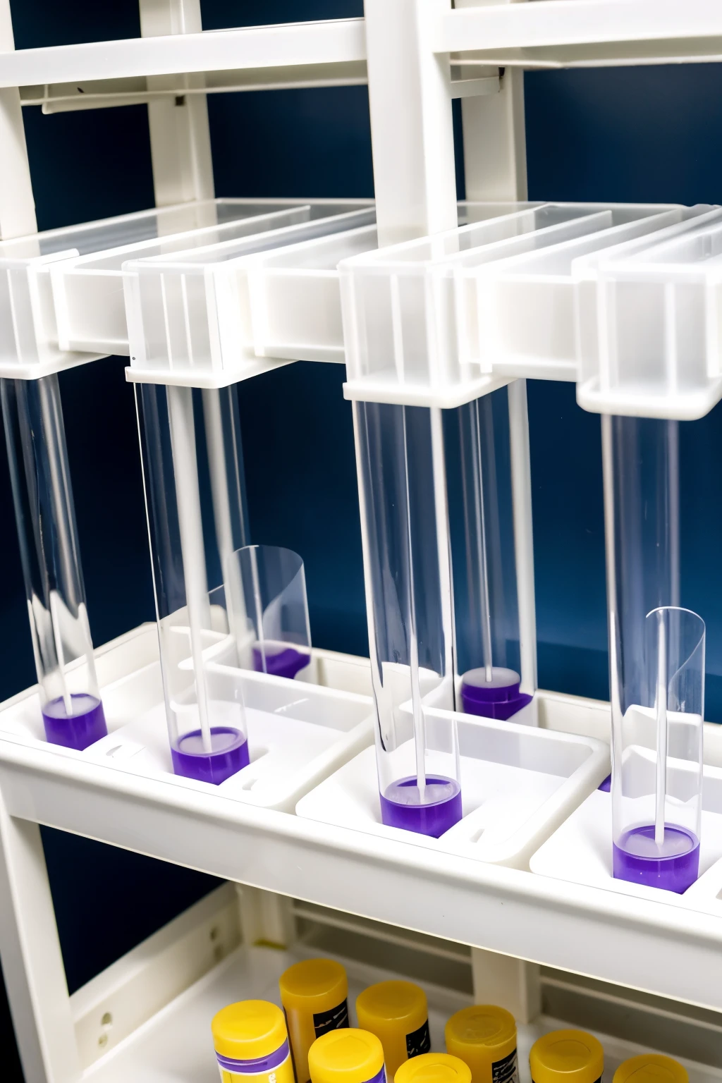 white plastic rack holding two small laboratory test tubes, The first should contain 1 ml of a violet liquid and the second test tube should contain 2 ml of a yellowish liquid.