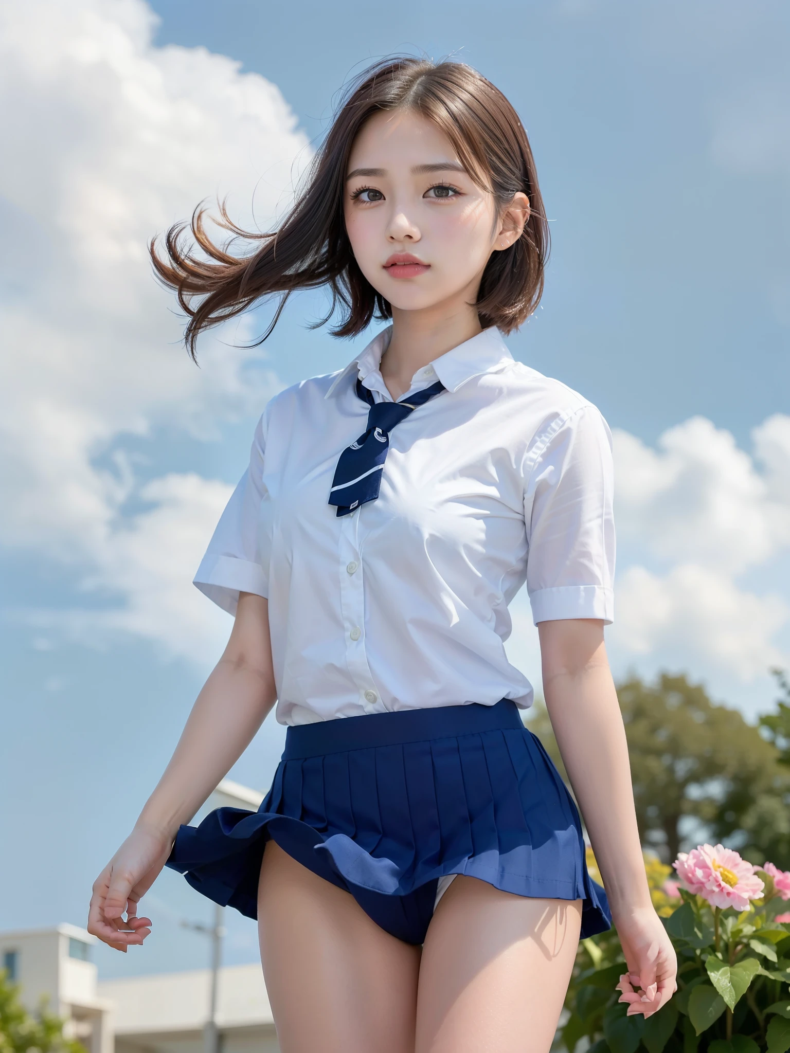 ((Best of the highest quality, 8k, Masterpiece, raw photo: 1.2)), (Sharp focus: 1.2), (1 AESPA, slim body type female, 21 y/o: 1.1), (Solo: 1.28), (realistic, photo-realistic:1.37), face focus, cute face, finely eyes, (droopy eyes: 1.32), (Emphasize prominent aegyo-sal with bright: 1.2), shimmering eyeshadow applied under the lower lash line, paired with thick, (small breasts, flat chest, Thigh: 1.3), (short messy hair: 1.28), (wearing school uniform, skirt: 1.32), (ribbon: 1.1), walking terrace dining, flower, (skirt is rolled up by the wind, from below: 1.16)