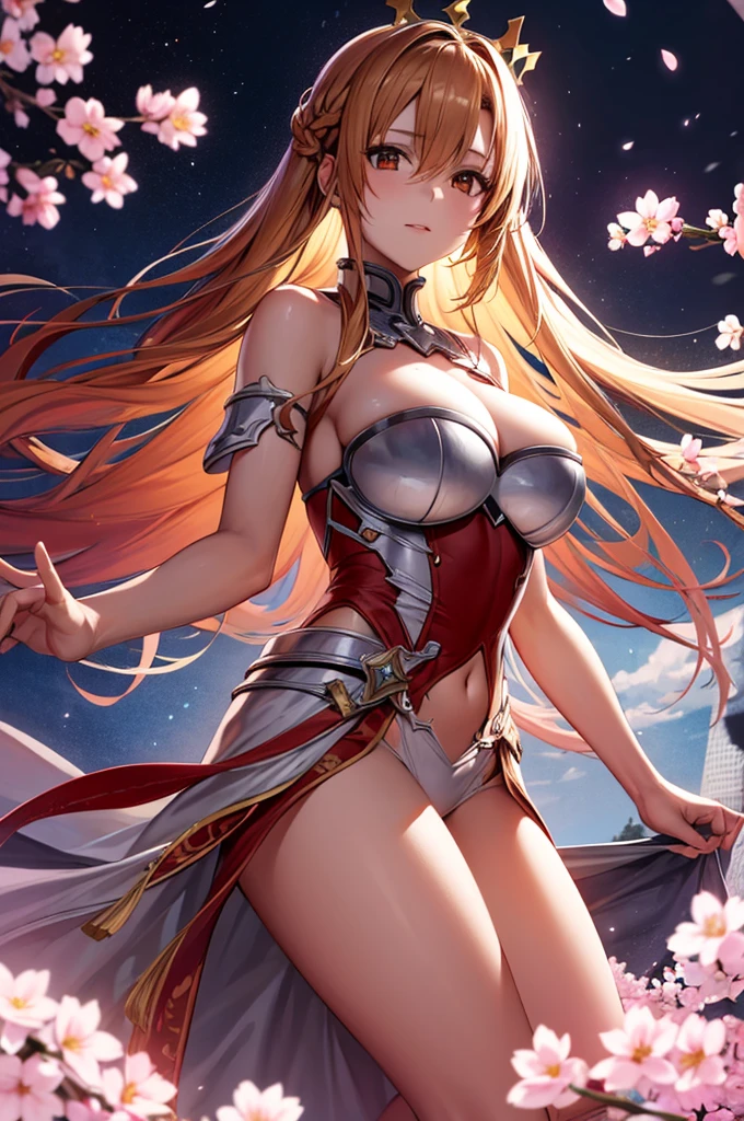 Asuna, ((masterpiece)), High resolution, Asuna (star), Crown Blade, Bright orange hair, armor, cherry blossoms, Dutch Angle