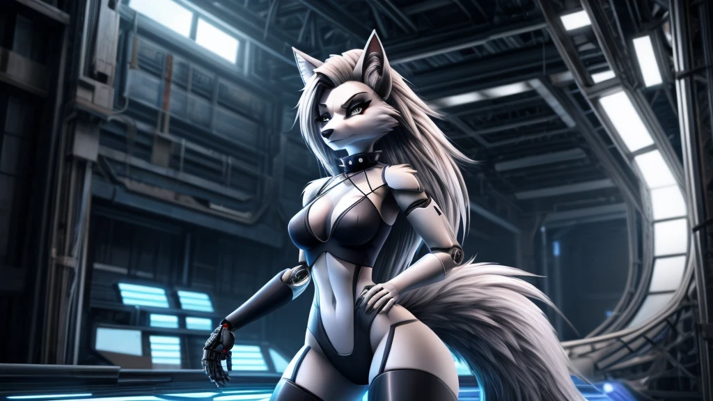 Loona from Helluva Boss, female white wolf, anthro, short white hair, grey eyes, cybernetic body, adult, she is a AI, standing, full body, serious, detailed, solo, beautiful, high quality, 4K