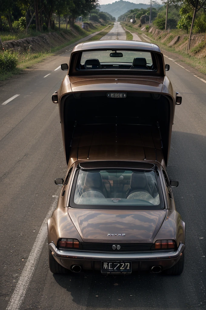 rural curve road in thailand,hi-tech silver bronze back to the future car,wing doors openned,twilight,backlit