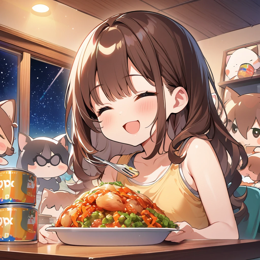 masterpiece、Highest quality、Depth of subject、2D illustration、1 beautiful girl、独奏, (((chibi style)))、((night)), ((window)), ((starry sky)), Long, beautiful hair、shiny brown hair、cute、Beautifully detailed eyes、((Tank top))、a cute sleeping kitten on chair, ((colorful))、mini skirt、((happy smile))、((Canned Chuhai)), ((close up shot))、((eating dinner)), ((in the room))、((There's a lot of pink around))、Thighs、((vivid color))、sparkle、((Lens flare))、