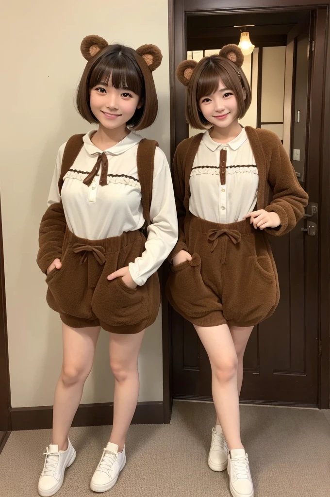 A cute 20-year-old Japanese woman、Beautiful Skin、Beautiful Hair、Short Hair Length、Bob Hair、Brown Hair Color、Beautiful Eyes、Brown Eye Color、A big smile、place:Cute home room、Full body bear costume、Standing posture that reflects the whole body