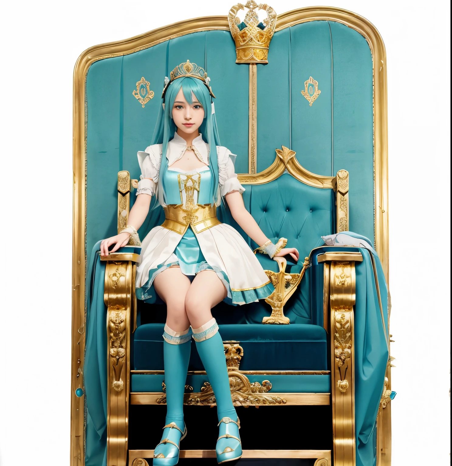 1girl, Hatsune Miku, princess outfit, crown, gold, ((throne)), in a castle, Middle Ages, wearing a blue vest, one foot on the ground, the other foot calf turned outward, one hand holding the microphone, the other hand across the eyes Biye, white background