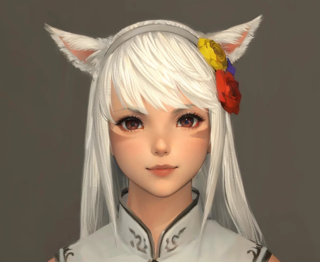 Catgirl, white hair, red lips, (((cat eye slit))), two horizontal face clan marks, studio rim lighting, (((heartwarming gentle smile)), realistic beautiful flower head decoration