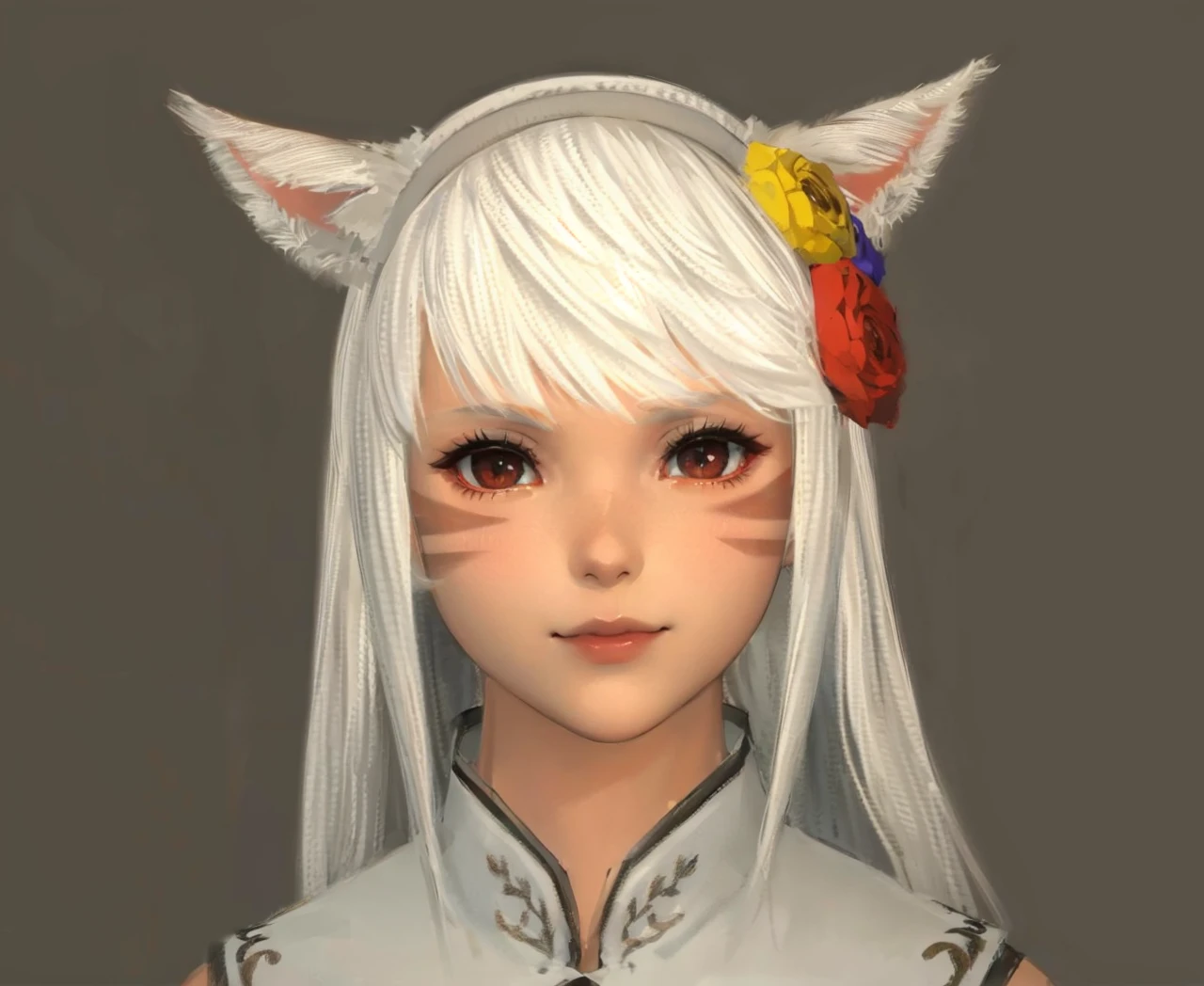 Catgirl, white hair, red lips, (((cat eye slit))), two horizontal face clan marks, studio rim lighting, (((heartwarming gentle smile)), realistic beautiful flower head decoration