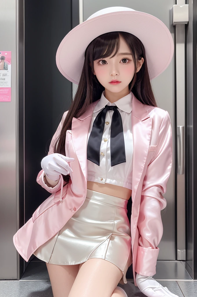 Highest quality、Elevator Girl、Shiny pink silk jacket、White blouse with big ribbon、Very short tight skirt、Micro Mini Skirt、A small round hat with a ribbon、Skinny、White gloves、Very embarrassed look、Sit on the floor facing the front、Face straight