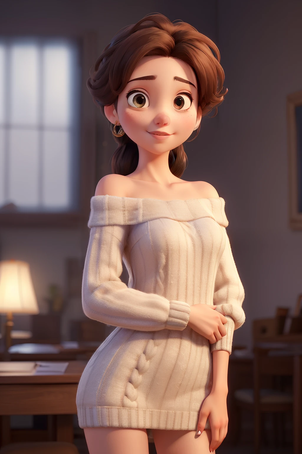 He roared,1 girl,ponytail,Brown hair,draw up,pomade,I look at the viewer,medium breast,clavicle,Shoulder exposure,white loose knit sweater,daytime,volumetric lighting,realistic,blurred background,sitting, sofa, Whole body,