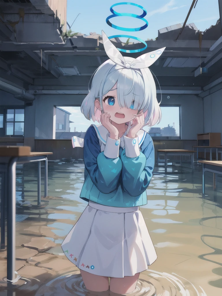 masterpiece,Highest quality,indoor,Dilapidated and flooded classroom,noon,blue sky,1 Girl,Halo,Cry with your eyes open,Open your mouth,Blue school shirt,Long sleeves,White Skirt,Focus on face,