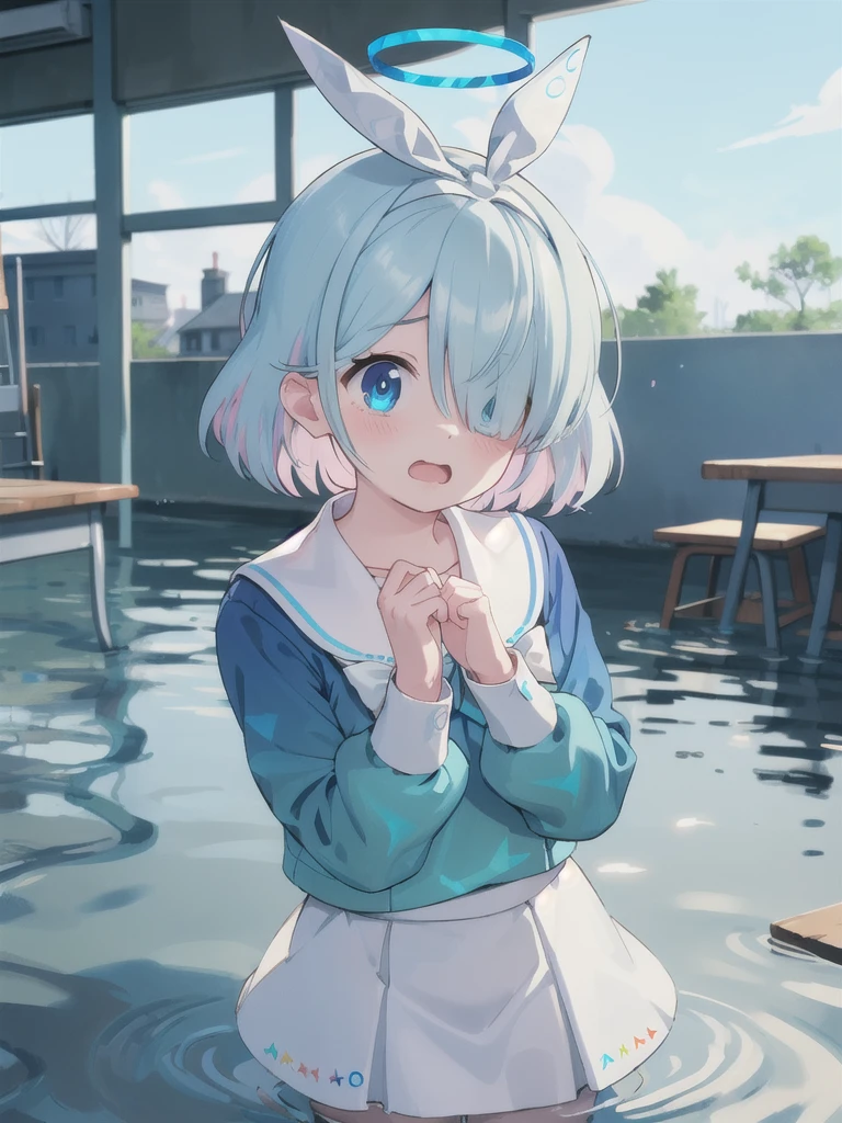 masterpiece,Highest quality,indoor,Dilapidated and flooded classroom,noon,blue sky,1 Girl,Halo,Cry with your eyes open,Open your mouth,Blue school shirt,Long sleeves,White Skirt,Focus on face,