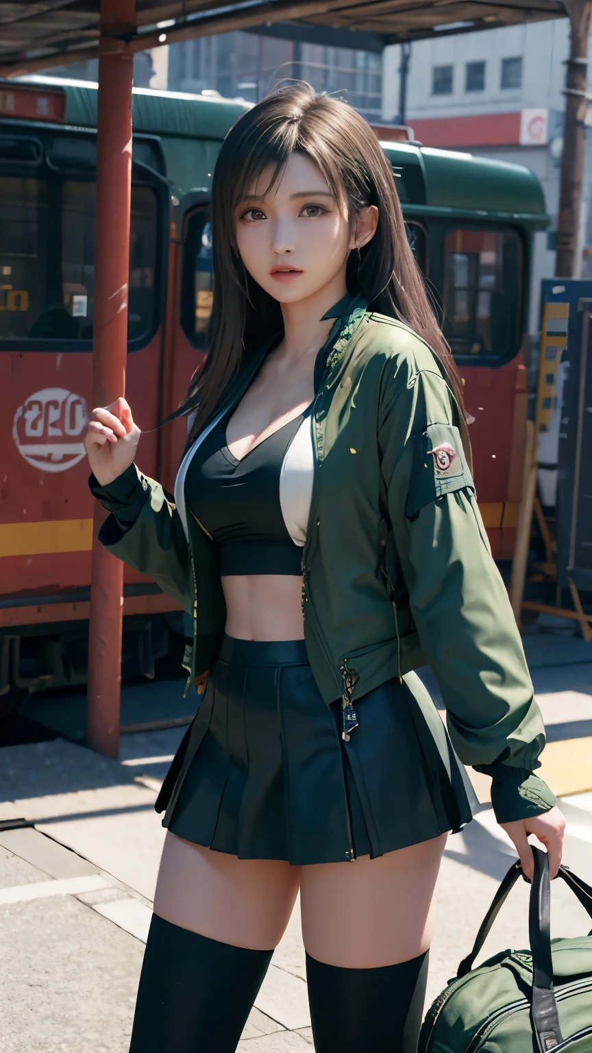 8K resolution, masterpiece, Highest quality, Award-winning works, unrealistic, tifa lockhart, 20-year-old, sexy college school girl, (black long hair:1.3), beautiful Perfect Face, Soft Skin, Perfect Face, Yasutomo Oka's painting style, 165cm tall, Three sizes are 92/60/88, (green jacket:1.5), white silk camisole, deep Cleavage, blue very long skirt with many pIeats, black garter belts, knee high socks, black pumps, details, Splash screen,Sharp eyes, crystal blue eyes, pink lips, BREAK, White Silver, dynamic sexy poses, Sweat, Strong winds, standing alone on station platform, waiting for train coming, Osaka Japan