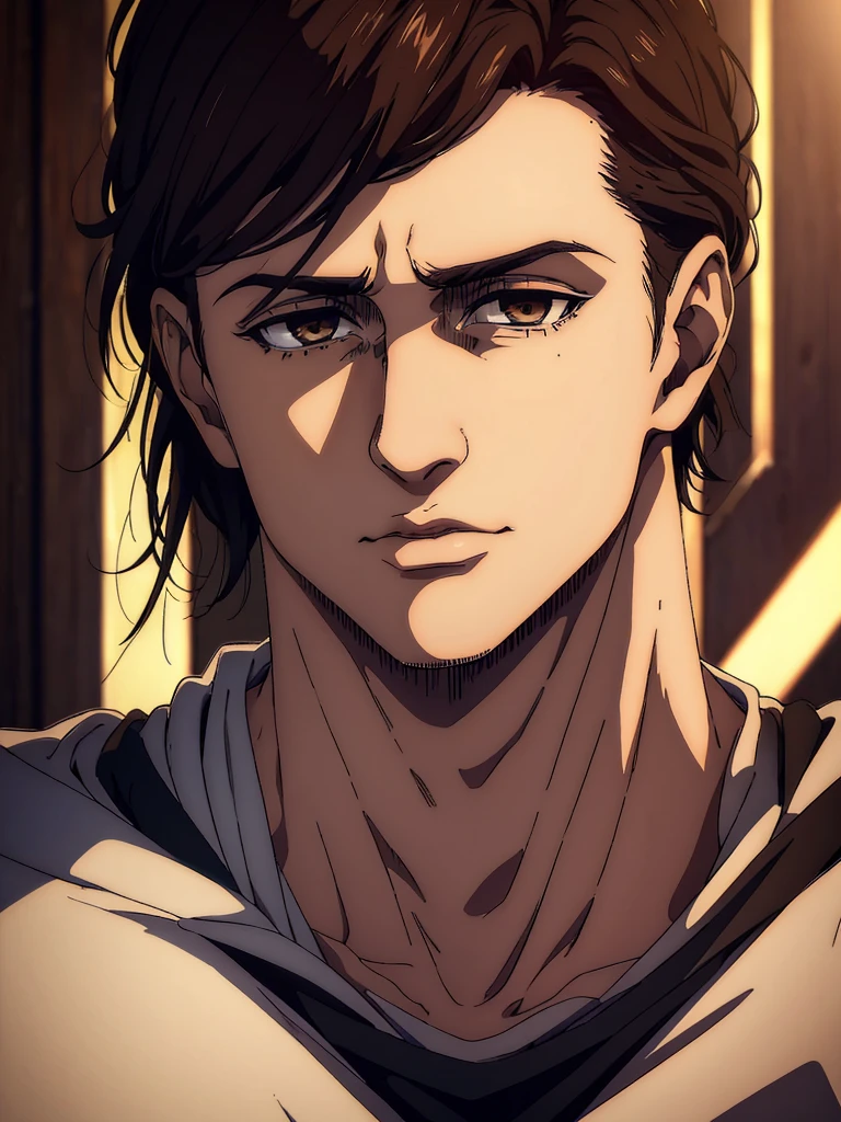 (best quality,4k,8k,highres,masterpiece:1.2),ultra-detailed,(realistic,photorealistic,photo-realistic:1.37), young man , mappa art style, heart-shaped face, almond brown eyes with positive canthal tilt , dark brown hair , his hair is medium styled , he looks handsome, he is fair, he looks very young, sharp jawline, he is wearing black shirt