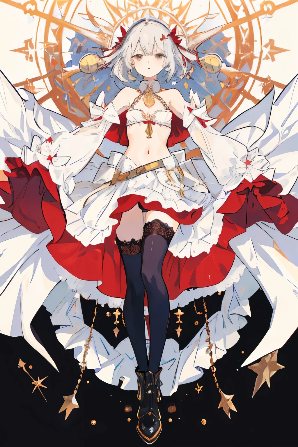 ((best quality)), ((masterpiece)), (detailed), 1girl, Character design, female, astrology, astrological symbolism, star reading, celestrial theme, heavens, heavens above, constellations, dynamic poses, long white grey hair, grey white eyes, very skinny, detailed, best quality, no accesoires around the neck, no shoes, prominent collarbones, skinny arms, flat stomach, visible hip bones, full body, blank white background, plain background, white background, red and white clothing, Bloodborne inspired, occult aesthetic, occult, detailed and intricate steampunk and detailed gothic, NSFW, Very dramatic and cinematic lighting, cosmic horror, grim-dark, side-lighting, perfect face, NSFW, Fluttering lace flared long knee length dress with frilly petticoats, knee length dress, pleated petticoats, petticoats gothic, complex lace boots, side-lighting, gothic aesthetic, wielding a mighty sword with mechanical components, mandalas, small breasts, a fairy, various different types of insect wings, beetle wings, NSFW, full body, whole body, body, plain background, white background, blank background, no background, white background NSFW, chains, full body, whole body, head-to-toe NSFW