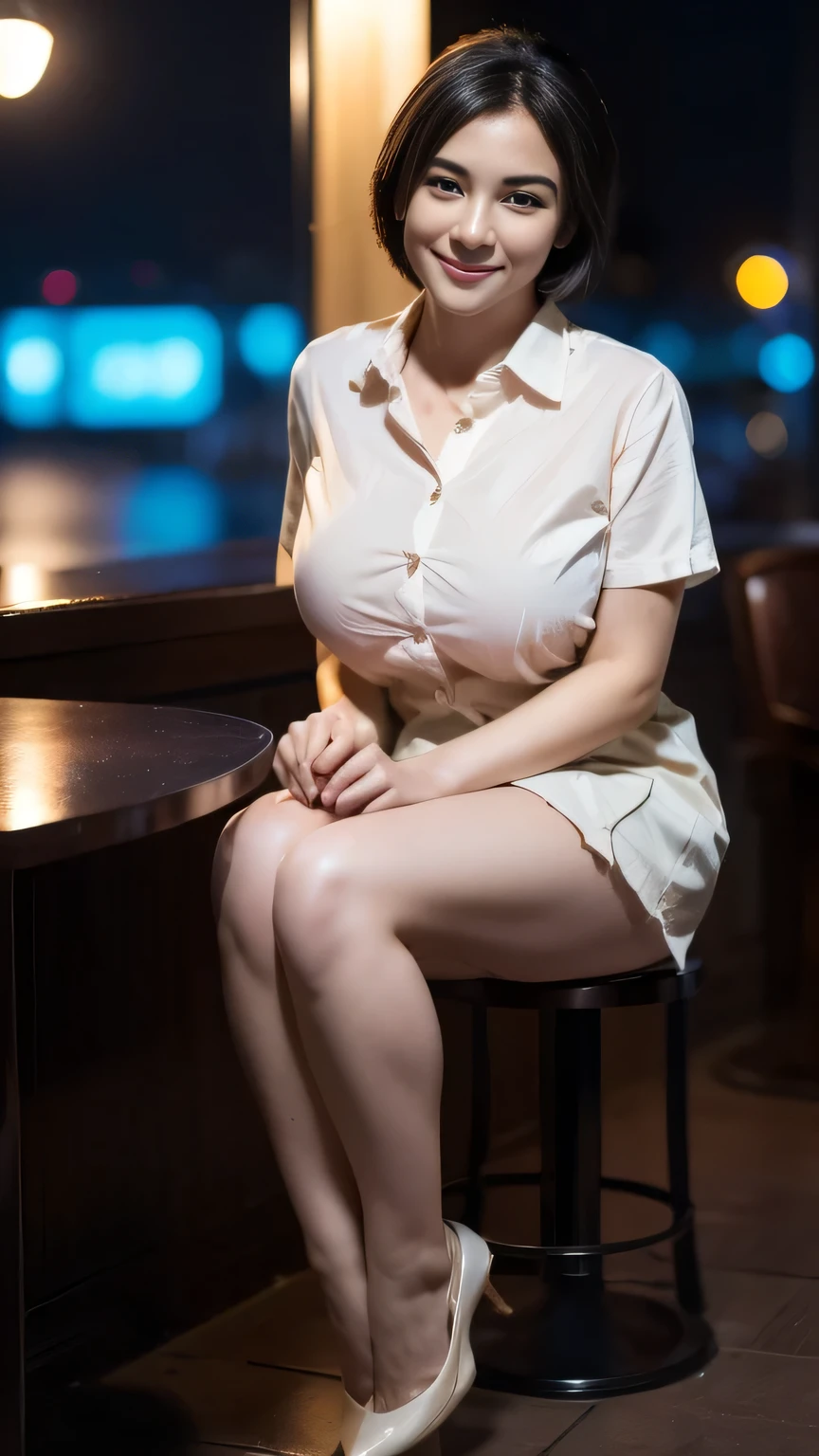 (8k, best quality, masterpiece:1.2), (realistic, photo-realistic:1.37), ultra-detailed,((( 1 girl))),solo,beautiful detailed sky,detailed cafe,night,sitting,dating,(nose blush),(smile:1.15),(closed mouth), (big breasts1.5),beautiful detailed eyes,(shirt:1.1), night, wet, rain,white lace, (short hair:1.2),floating hair NovaFrogStyle, ((full body)),stand, sexy, cute