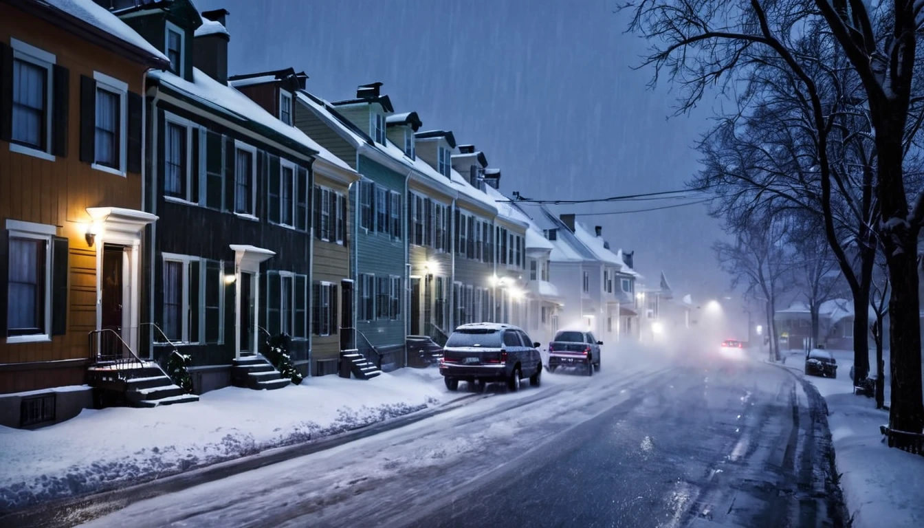 car moving, street with several, houses, blizzard, falling snow, dark night, ominous