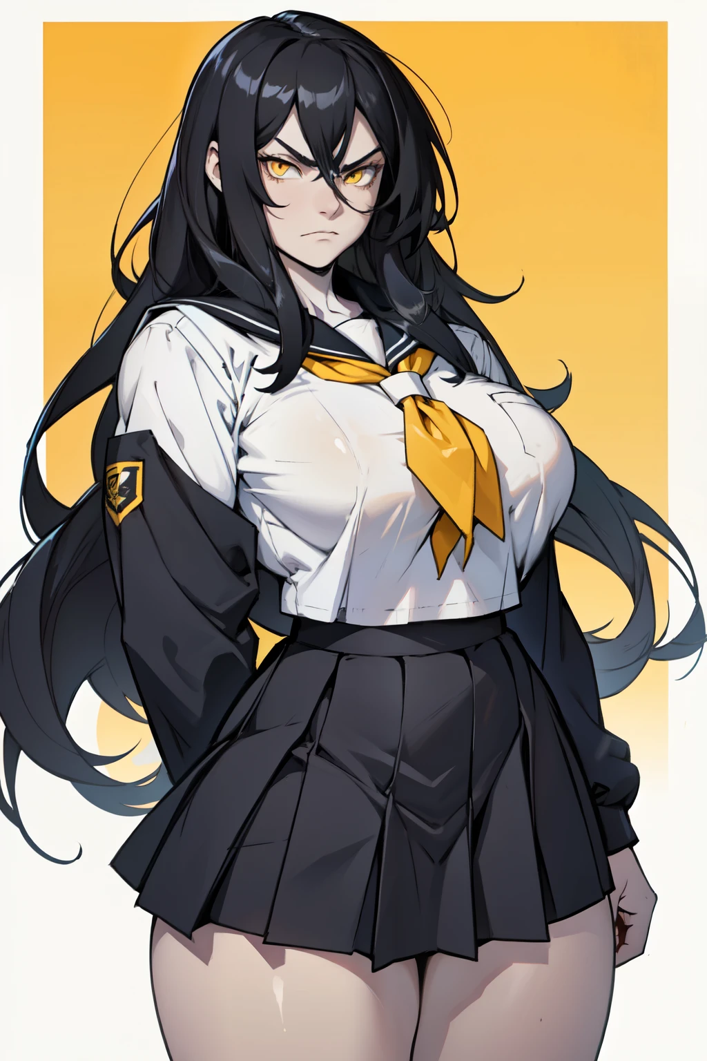 (1girl), black hair, extremely long hair, yellow eyes, ((muscular)), huge breasts, thick thighs, solo, angry, (pale skin), cowboy shot, (school uniform)