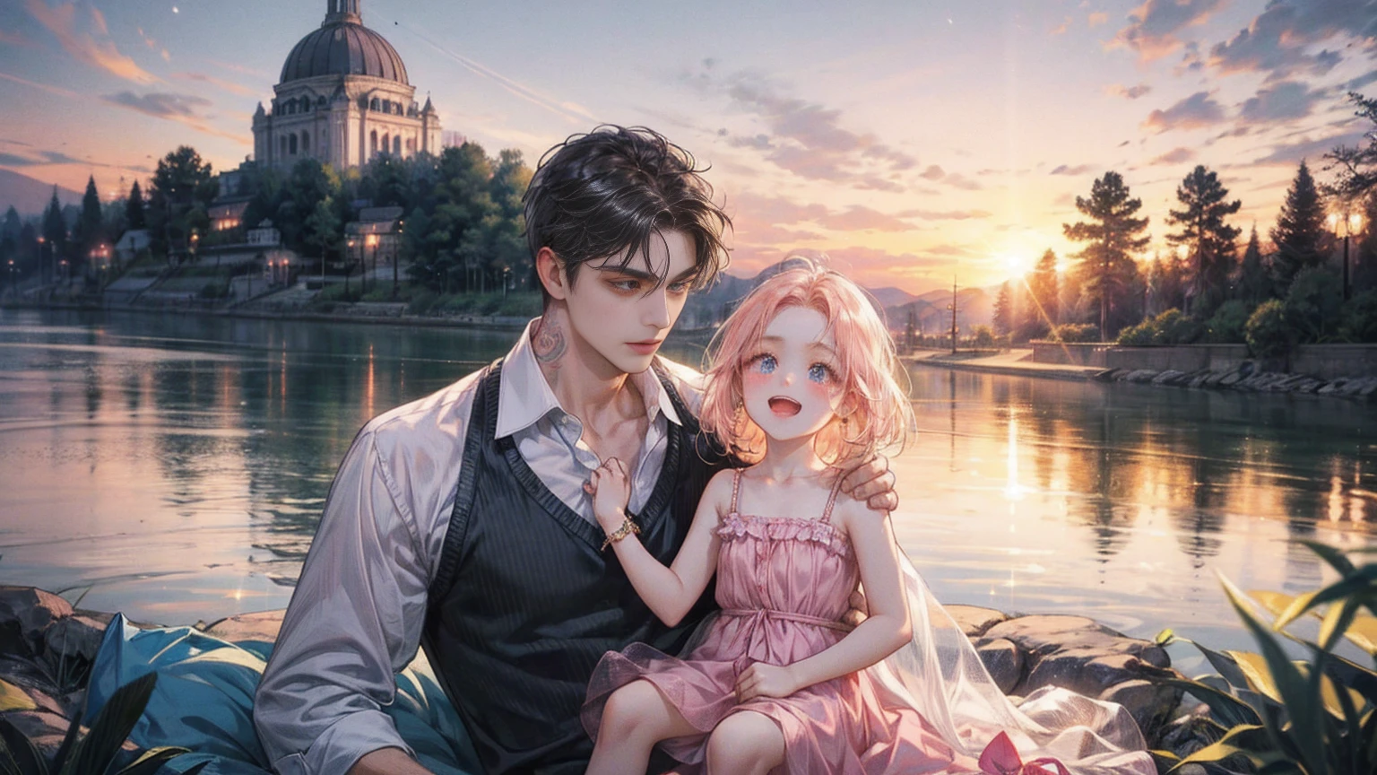 Character description: A man who is the resurrected form of Emperor Constantine. Age:: 34 years old Appearance: Attractive and powerful impression。Well-proportioned face、Short Hair、Or a neatly trimmed hairstyle。There is kindness and determination in his eyes.。Muscular but slim build。 clothing: Stylish and functional light clothing。High quality linen shirts and shorts、summerらしい軽やかな素材で統一。Simple accessories such as watches and bracelets。 Twin children age: 7 years old Appearance: Cute、元気で純真なexpression。Boys and Girls。Similar traits unique to twins。Soft Hair、Bright smile。 clothing: Child-like light clothing。Boys in casual shirts and shorts、Girls can wear summer dresses or casual tops and skirts。Colourful clothes and accessories。 背景とatmosphere 場所: Varna, Bulgaria Seasons: summer、Evening cool time。The sky is dyed orange and pink at sunset。You can also see the seaside view。 atmosphere: A refreshing and luxurious resort hotel。Beautiful gardens and pool、Elegant Building。The gentle breeze of the evening、Relaxed atmosphere。 Scenes and Relationships A happy and heartwarming scene of a father and son Action: A man watches over the twins、Scenes of them laughing and playing together。The twins are holding their father's hand.、A father holding the twins in his arms。 expression: 男性は優しさと愛情に満ちたexpression。The twins have innocent and happy smiles。 Story elements Influence of past life and feelings of redemption Expression of emotions: 男性のexpressionや仕草に、We can see regrets about the past and feelings of atonement.。Taking good care of my twin has helped ease those feelings.。 accent: 男性の持ち物やclothingのデザインに、Symbolic elements of resurrection love and rebirth（exampleえば、Special design accessories and tattoos）Add。 Additional elements based on the setting Successful businessman elements Props: High-end smartphones and laptops、Work tools。 The luxury of the place: リゾートホテルのラグジュアリーなatmosphereや、Items that give a sense of private space（example：Private cabanas and poolside deck chairs）。 Symbols and Themes Chiron Meaning or Symbolism Visual Symbolism: As a symbol of healing、Subtle design and background elements。Natural elements that symbolize renewal and healing（example：Flowers and trees、Water flow etc.）(Highly detailed CG Unity 8k wallpaper), The most beautiful works of art in the world, masterpiece, Highest quality,