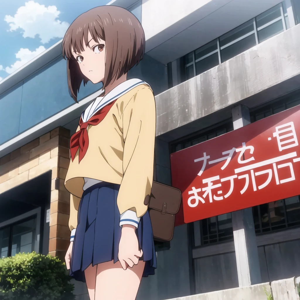 Ikuno,Brown Hair,Iris,School_uniform,Finding_stance,alone,