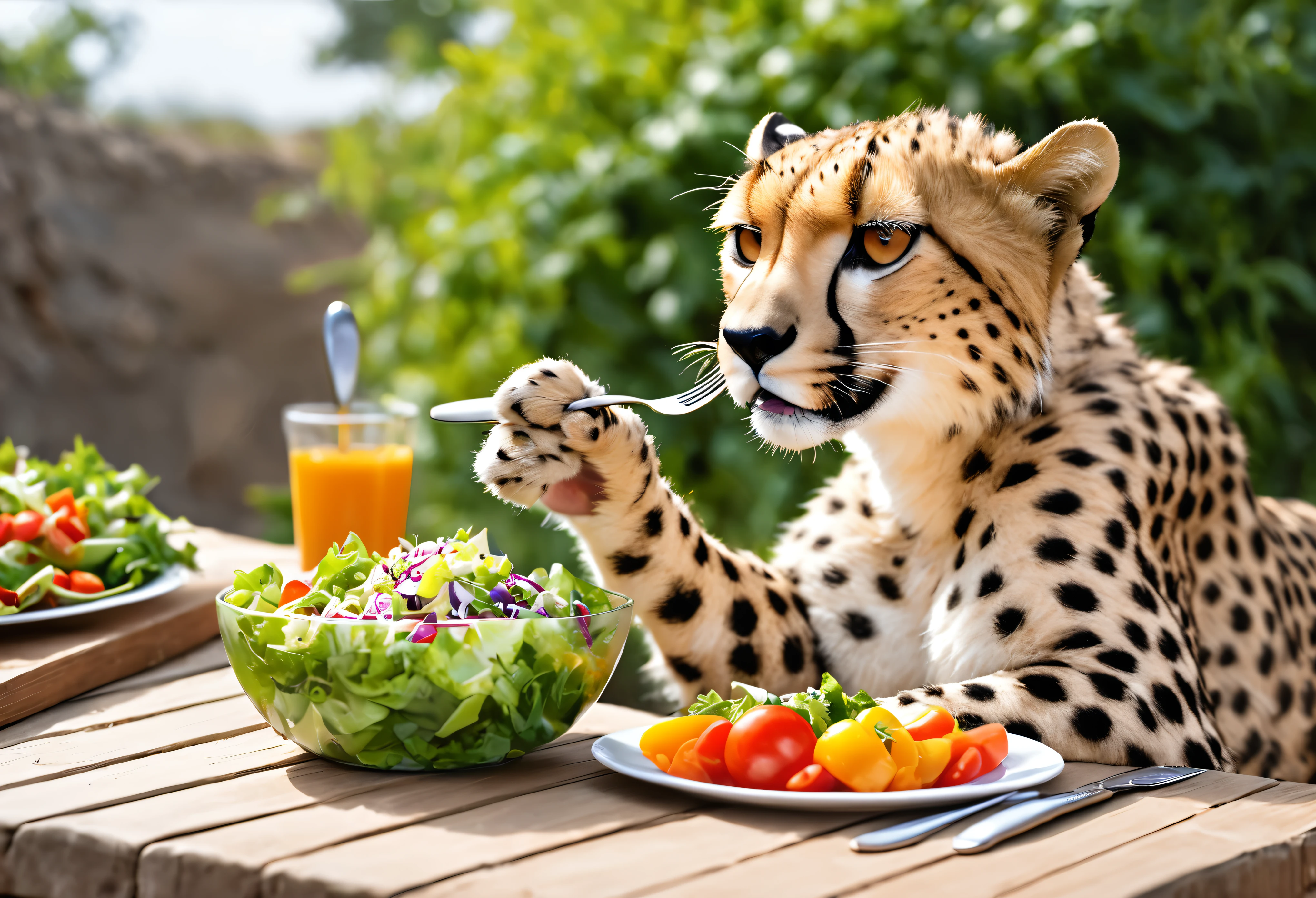 Realistic photos, RAW Photos, Herbivorous Cheetah, Eat vegetable salad, Cheetah eating with knife and fork, 