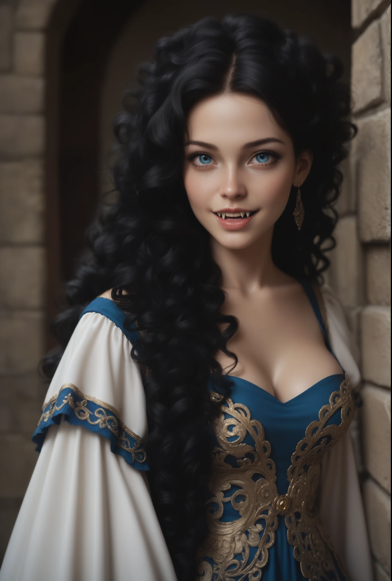 score_9, score_8_up, score_7_up, score_6_up, rating: safe, 1girl, solo, (black_hair:1.5), wavy_hair, jewelry, dress, blue_eyes, earrings, (long_hair:1.5), looking_at_viewer, curly_hair, full_body, lips, lace, white_dress, gold_dress, (night:1.3), cxqz8r, medieval_dress, medieval_landscape, fullmoon, rpg, (rape_face:1.3), narrow_waist, (skinny:1.3), (pale_skin:1.2), open_mouth, parted_lips, (oral_invitation:1.2), (fangs:1.4), (torogao:1.2), fingersmile, (large_breasts:1.2)
