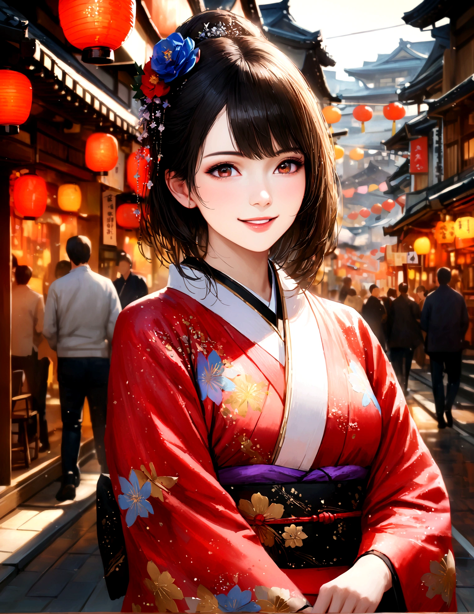 Kyoto cityscape, kimono,Blur the background,young woman,smile,Glitter effect,Highest quality,8K, High resolution, masterpiece:1.2, Very detailed, Realistic:1.37, High resolution, 超High resolution, Ultra-fine painting, Very detailedな, Vibrant colors