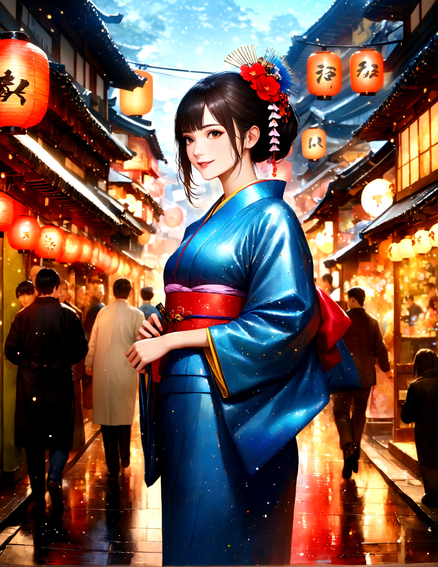 Kyoto cityscape, kimono,Blur the background,young woman,smile,Glitter effect,Highest quality,8K, High resolution, masterpiece:1.2, Very detailed, Realistic:1.37, High resolution, 超High resolution, Ultra-fine painting, Very detailedな, Vibrant colors