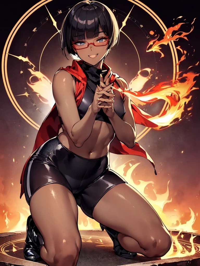 (flat chest), (masterpiece:1.2), highest quality, High resolution, unity 8k wallpaper, (fine and beautiful eyes:1.6), highly detailed face, perfect lighting, Detailed CG, (perfect hands, perfect anatomy), (1 boy:1.4), 20 years old,( black hair:1.3), extremely beautiful detailfeminine face and eyes, (grin smile), detailed eyes, best quality,( dark skin:1.8), extremely detailed, very precise detailed,(glasses:1.3), blunt bangs, open mouth, (very short pixie cut:1.2), (geta:1.2),(fingerless gloves:1.5), half closed eyes,long sidelocks,(long red Scarf:1.3),(sleeveless yukata), (flying_kick:1.2),